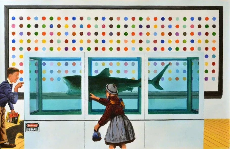 اثری از گالی (هنرمند گرافیتی‌کار بریتانیایی)، با نام دوهانوز (هنرمند رئالیست اجتماعی آمریکایی) دیمین هرست را ملاقات می‌کند، گالری اترنیتی.